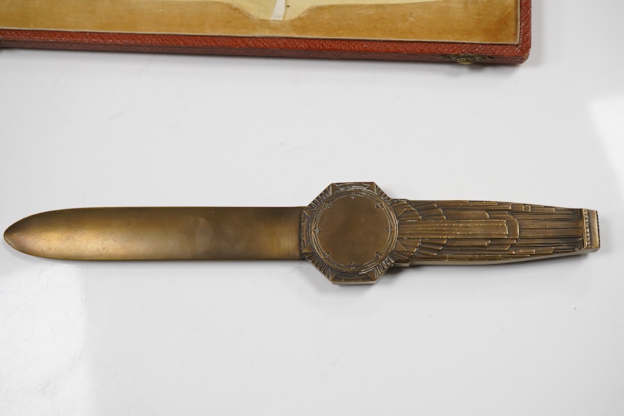 Lucien Bazor (1889–1974), an Art Deco bronze paper knife, signed, cased, 25cm in length